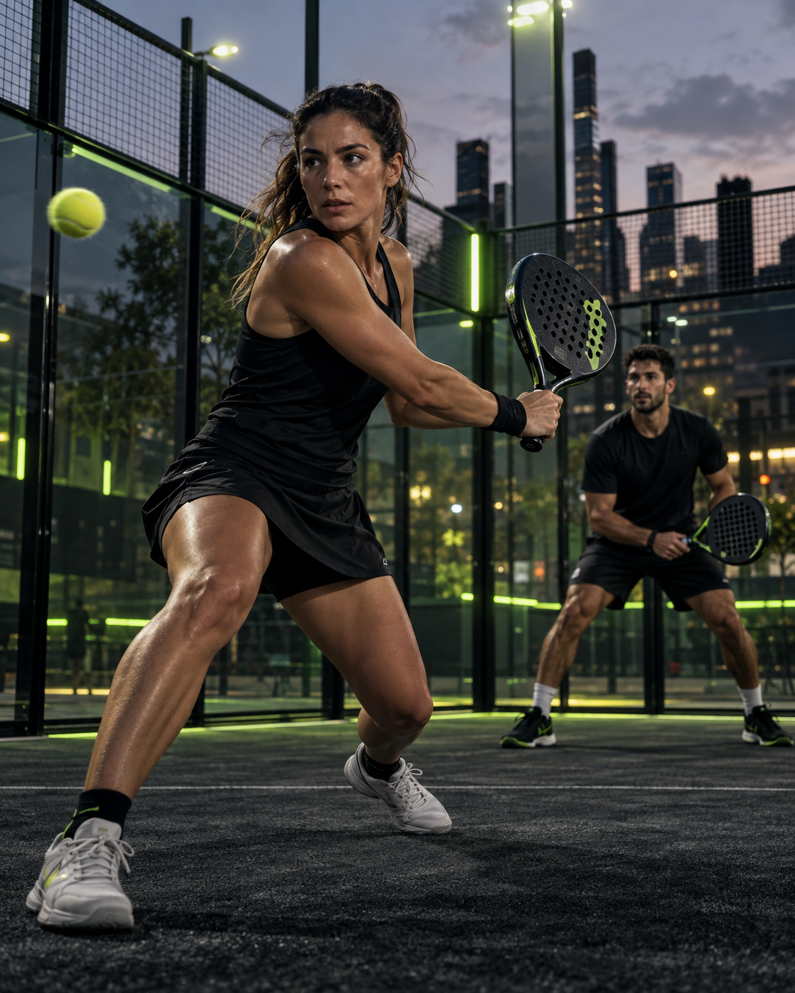 Joueurs de padel sur un terrain vitré au crépuscule